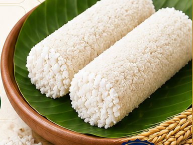 Two rolls of white rice puttu on a banana leaf